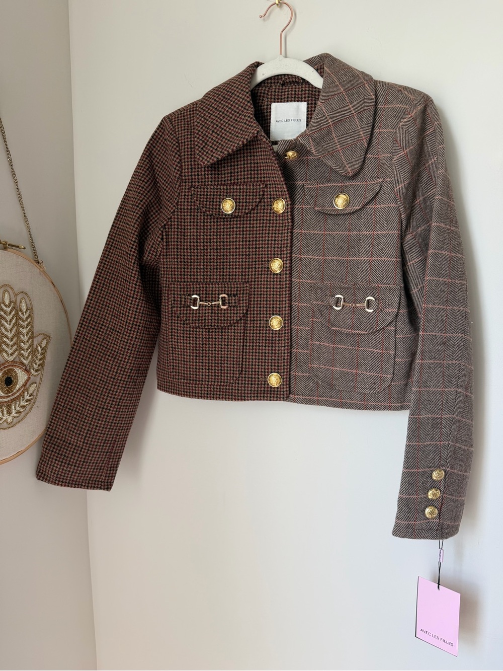 Avec Les Filles Brown plaid jacket with Gold Buttons